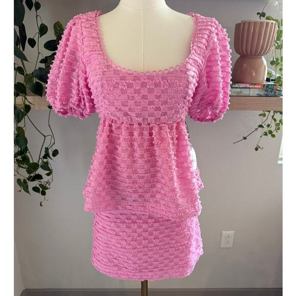 Lost Wander Paloma Pink Textured Puff Sleeve Top & Mini Skirt Set Small Brunch - Picture 13 of 13